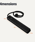 Dead Simple Dual Pack Six Outlet Surge Protector Power Strip With Six Hundred Joule Protection Circuit Breaker Safety Shutters and a sleek two foot black cord, shown with dimensions.