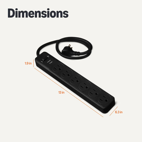 Dead Simple Dual Pack Six Outlet Surge Protector Power Strip With Six Hundred Joule Protection Circuit Breaker Safety Shutters and a sleek two foot black cord, shown with dimensions.