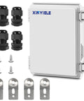 Rugged Outdoor ABS Junction Box IP67 Weatherproof Enclosure with Hinged Cover, mounting plate, and wall brackets; 8.7 x 6.7 x 4.5 inches.