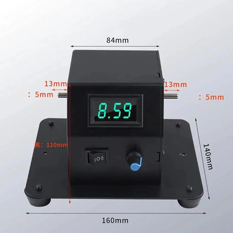 Knockout Mini Bench Grinder With A Legit 300 Watt Copper Motor Quick Swap Adapters Forward Reverse Switch Rugged Steel Frame Built Tight For Serious Shop Work Slick Metal Polishing And Wood Finishing dimensions shown on a black digital display.
