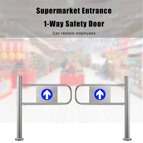 Heavy Duty One Way Safety Gate For Supermarket Entrance And Library Doors Rock Solid Metal Swing Barrier, installed gate with stainless steel finish.