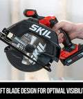 Pro Grade 20 Volt Brushless Circular Saw Kit With 6 1/2 Inch Carbide Blade And Fast Charger, showing left blade design for visibility.