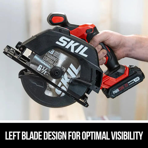Pro Grade 20 Volt Brushless Circular Saw Kit With 6 1/2 Inch Carbide Blade And Fast Charger, showing left blade design for visibility.