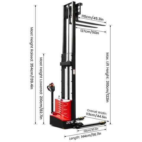 Built Different Full Electric Pallet Stacker With 2640 Pound Capacity And Lithium Battery Walkie System Featuring 118 Inch Lift Height Straddle Legs And Adjustable Forks For Any Warehouse Roll Or Logistics Hustle, side view with height measurements.