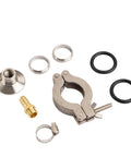 Stainless steel lab clamp and fittings set including O-rings, for secure connections in laboratory equipment.