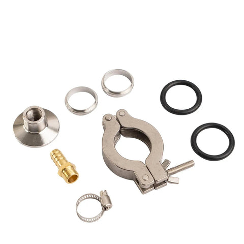 Stainless steel lab clamp and fittings set including O-rings, for secure connections in laboratory equipment.