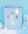 Blue Cross Window Gift Bag With Ribbon Handles, Totally Perfect For Baby Boy Baptisms, Christenings, And First Communions, Comes With Tissue Paper, 10 By 5 By 13 Inches, 1 Bag.