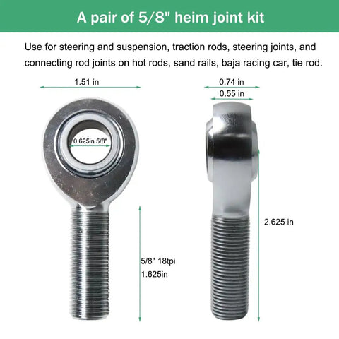 Bulletproof Heavy Duty 5/8 Inch Heim Joint Rod End Kit For Custom Track Bars And Dirt Roader Chassis Builds Knockout Suspension Linkage With Precision 18 Tpi Split Shaft Design, showing dimensions of a pair.