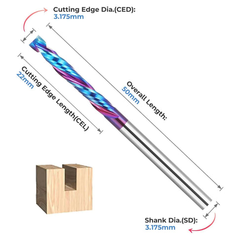 Angled view: HQMaster up-and-down compression router bit, 1/8 in shank, spiral carbide end mill, 50mm long.