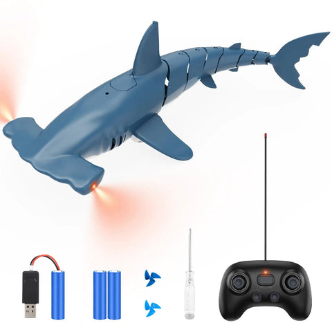 Remote Control Shark Toy With Realistic Dive Action For Pool And Bath Water Toy For Kids Blue Gift For Boys Age 6 Plus Totally Rad High Simulation Underwater Explorer, shown with remote and accessories.