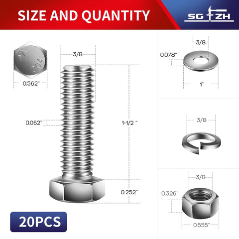 3/8-16 Hex Head Bolt Set With Nuts, Flat And Lock Washers, 20 Pcs, 1-1/2 Inch Length, 304 Stainless Steel, Fully Threaded