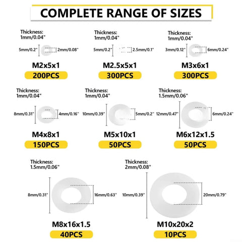 Must Have Plastic Washers Set With 1200 Pcs Nylon Insulating Spacers M2 To M10 White Gasket Kit For Electrical Wiring Repairs And DIY Projects Perfect For Home DIYers Hobbyists And Pro Electricians To Prevent Shorts, size chart