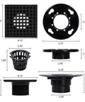 Diagram of Matte Black 4 Inch Square Shower Drain With ABS Flange For 2 Or 3 Inch Pipe No Fuss Easy Install Kit dimensions