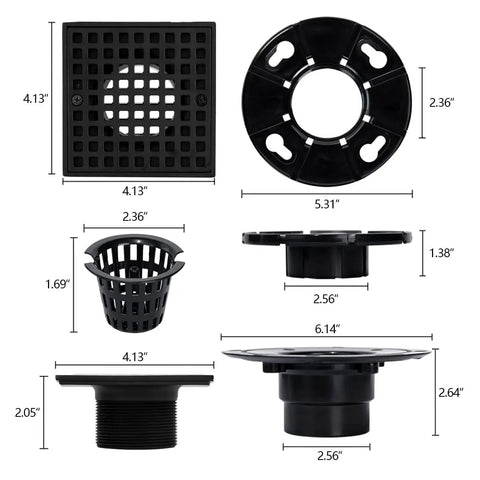 Diagram of Matte Black 4 Inch Square Shower Drain With ABS Flange For 2 Or 3 Inch Pipe No Fuss Easy Install Kit dimensions