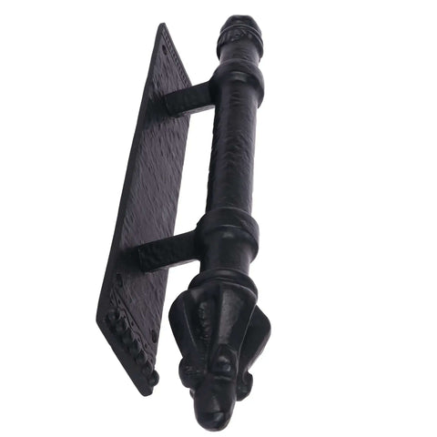 12 Inch Iron Barn Door Pull Handle With Plate, Heavy Duty Antique Black Powder Coat, angled view showing design details