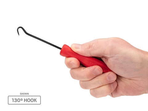 Hand holding 130 degree hook from Five Piece Pick And Hook Set For Precision Mechanical Work Includes Straight 45 Degree Bent And 90 Degree Picks Plus 90 Degree And 130 Degree Hooks With Sharp 30 Degree Tapered Points Made In USA Durable Pro Grade Tools