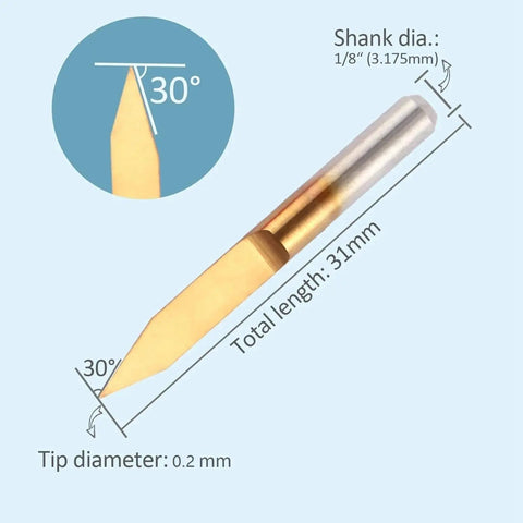 Precision 30 Degree Carbide PCB Engraving Bits With Sharp 0.2mm Tip V Groove Router Bit Set For High Speed Precision Machining and Detailed Carving On Hard Substrates close-up of a 30-degree tip