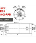 5.5KW Water Cooled Spindle Motor ER25 detailed diagram showing dimensions and RPM specs for woodworking and slotting cutter use.