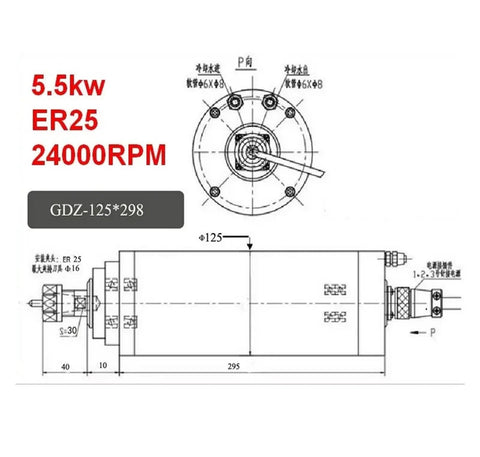 5.5KW Water Cooled Spindle Motor ER25 detailed diagram showing dimensions and RPM specs for woodworking and slotting cutter use.