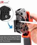 Close-up of Deutsch DT Connector Kit crimp tool in use with wire. Includes 2-12 pin plugs and sockets, size 16 contacts.