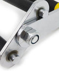 Close-up of Heavy Duty Adjustable Drywall Handler With Ergonomic Rubber Handle Rock Solid Aluminum Frame's metallic joint and ergonomic grip.