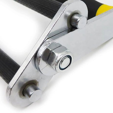 Close-up of Heavy Duty Adjustable Drywall Handler With Ergonomic Rubber Handle Rock Solid Aluminum Frame's metallic joint and ergonomic grip.