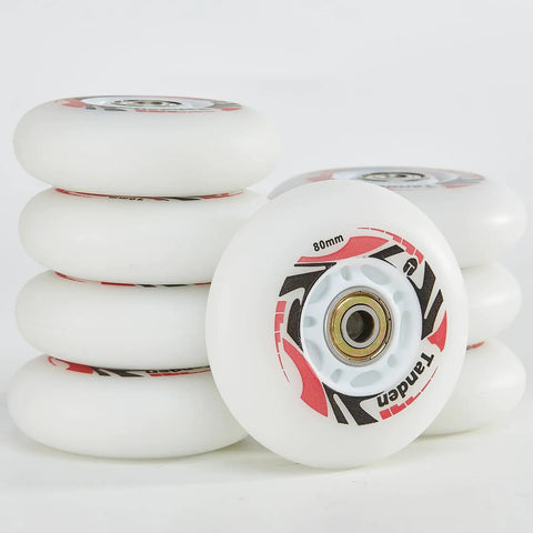Stack of 80mm inline skate wheels with ABEC-9 bearings, sick light up replacement wheels 8 pack for inline skates, high performance.