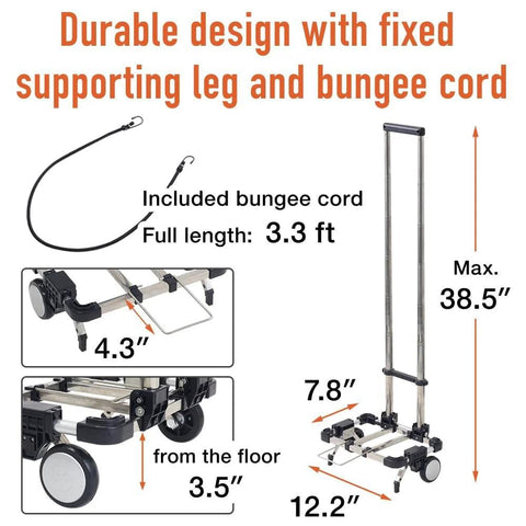 Foldable Luggage Cart With Two Wheels Lightweight Portable Travel Dolly dimensions and included bungee cord illustration