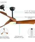 52" Modern Wood Ceiling Fan with Dimmable LED Light, 6 Speed Energy Saving Reversible DC Ceiling Fan with Remote, 3 Hand-Carved Solid Wood Blades.