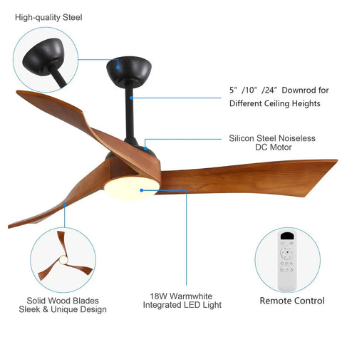 52" Modern Wood Ceiling Fan with Dimmable LED Light, 6 Speed Energy Saving Reversible DC Ceiling Fan with Remote, 3 Hand-Carved Solid Wood Blades.