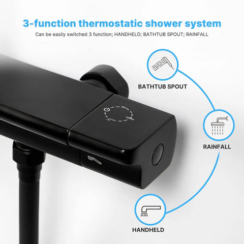 Close-up of black 3-function thermostatic shower system with diagram showing bathtub spout, rainfall, and handheld.