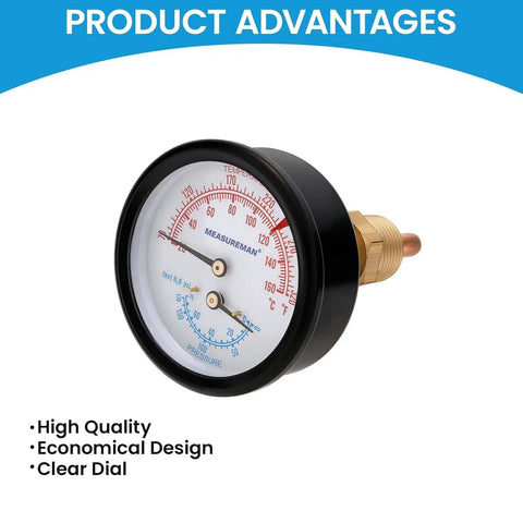 Dual Display Boiler Gauge Kit With 2.5 Inch Dial That Reads Pressure And Temperature, 0 To 75 PSI And 70 To 320 Fahrenheit