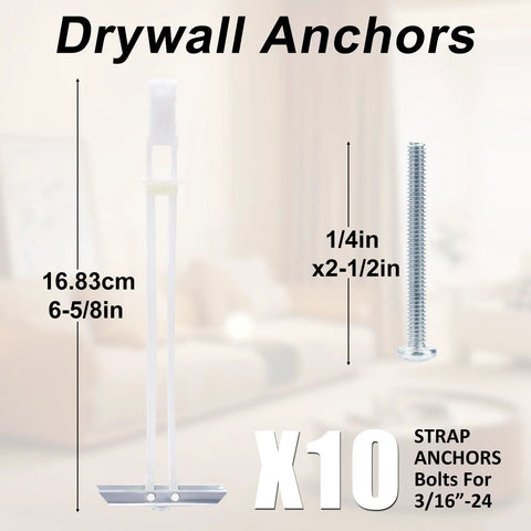 Image showing Heavy Duty Drywall Anchor Kit With 3/16-24 Included Bolts For Hollow Wall Mounting Stainless Steel Anchors For TV Mounts Holds Up To 240 Lbs In 1/2 Inch Drywall 10 Pack Rust Resistant Self Stabilizing For Fast Easy Install measurements.