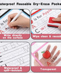 Close-up of 8 Pack Dry Erase Pocket Sleeves 10 By 14 Inches Reusable Clear Plastic Sheet Protectors showing writing and erasing