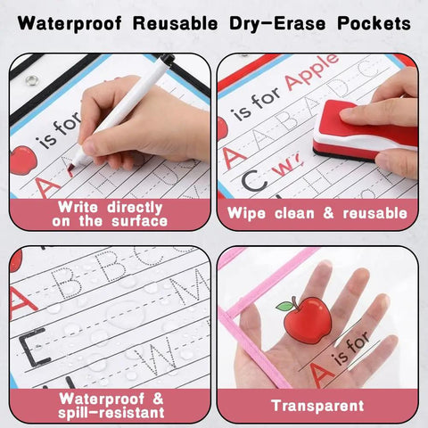 Close-up of 8 Pack Dry Erase Pocket Sleeves 10 By 14 Inches Reusable Clear Plastic Sheet Protectors showing writing and erasing