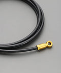 Close-up of Five Wire Hydraulic Brake Hose Set For Mountain Bikes With Dope Performance, gold connector, coiled view