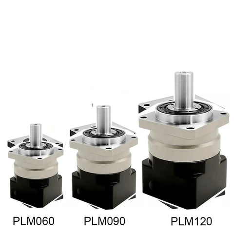 Heavy Duty Helical Gear Reducer Box For Nema 17 23 34 Stepper And Up To 180Mm Flange Servo Motor Drops Right In For Smooth Torque Conversion At 20 To 1 Ratio Built Strong, showcasing three sizes PLM060, PLM090, PLM120.