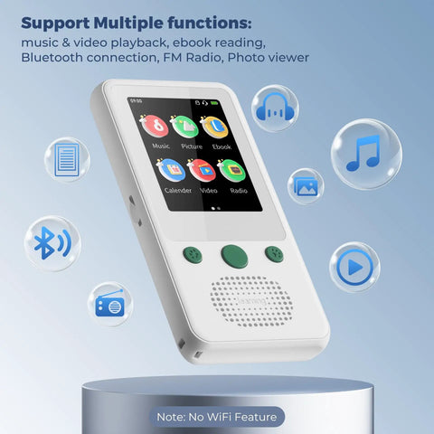 A5 Kids MP3 Player With Bluetooth And 2.4 Inch Touch Screen, No WiFi, 65 Hour Playback, Built In Speaker showcased with features