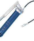 Lincoln 1147 lever-action grease gun with 18-inch hose, blue body, side view