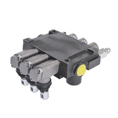 waltyotur 3-spool monoblock hydraulic directional control valve, black metal block with yellow adjustment button, SAE ports