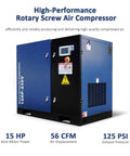 Heavy Duty 15 HP Rotary Screw Air Compressor, 56 CFM At 125 PSI, 230V 3 Phase, Fixed Speed Industrial Grade Workhorse for auto shops