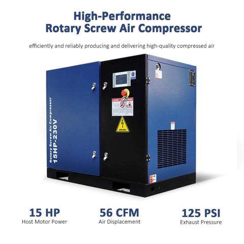 Ateupom 15HP Rotary Screw Air Compressor delivers a solid 56 CFM At 125 PSI With 230V 3 Phase Power. This Heavy Duty Unit Boasts Low Noise At Just 62 dB And Continuous Duty Operation For Industrial Workshops And Factories. Steel Construction Ensures