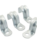 Heavy Duty Reusable 1/2 Inch EMT Conduit Clamps Zinc Plated Steel Rigid Pipe Straps close-up view of four rustproof clips.