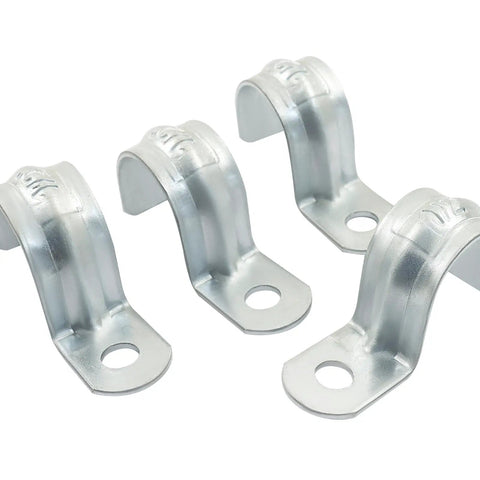 Heavy Duty Reusable 1/2 Inch EMT Conduit Clamps Zinc Plated Steel Rigid Pipe Straps close-up view of four rustproof clips.