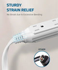 Close-up of white Three Outlet Extension Cord With Flat Plug For Home Or Office, 20 Foot Long 16/3 AWG Grounded Power Cable