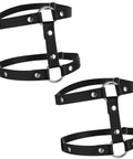Premium Adjustable Black Leather Leg Harness For Women Gothic Punk Thigh Garter Strap With Elastic Band Club Rave Festival Body Chain Fresh Streetwear Fit - close-up of dual black leather straps with metal accents.