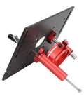 Heavy Duty Router Table Insert Plate With Manual Crank Lift Kit Dead Nuts Secure Clamping Base for woodworking, black and red design.