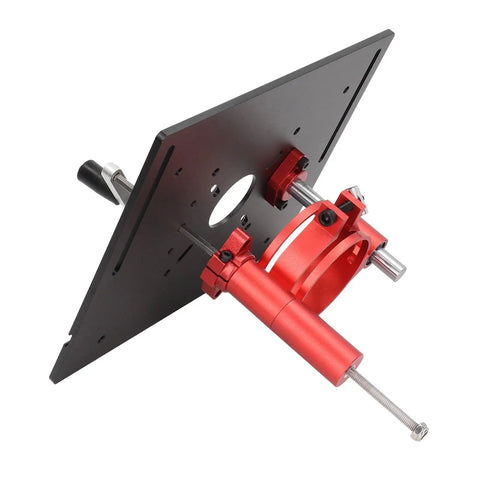 Heavy Duty Router Table Insert Plate With Manual Crank Lift Kit Dead Nuts Secure Clamping Base for woodworking, black and red design.