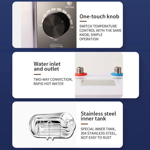 Compact 1500W 10L Electric Water Heater 110V control knob water inlet stainless steel tank features