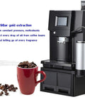Fully Automatic Espresso Coffee Machine With Built In Grinder And Brewer Dual Bean Or Powder Mode For Lattes And Cappuccinos Auto Clean System sleek black design with a red mug and coffee beans.
